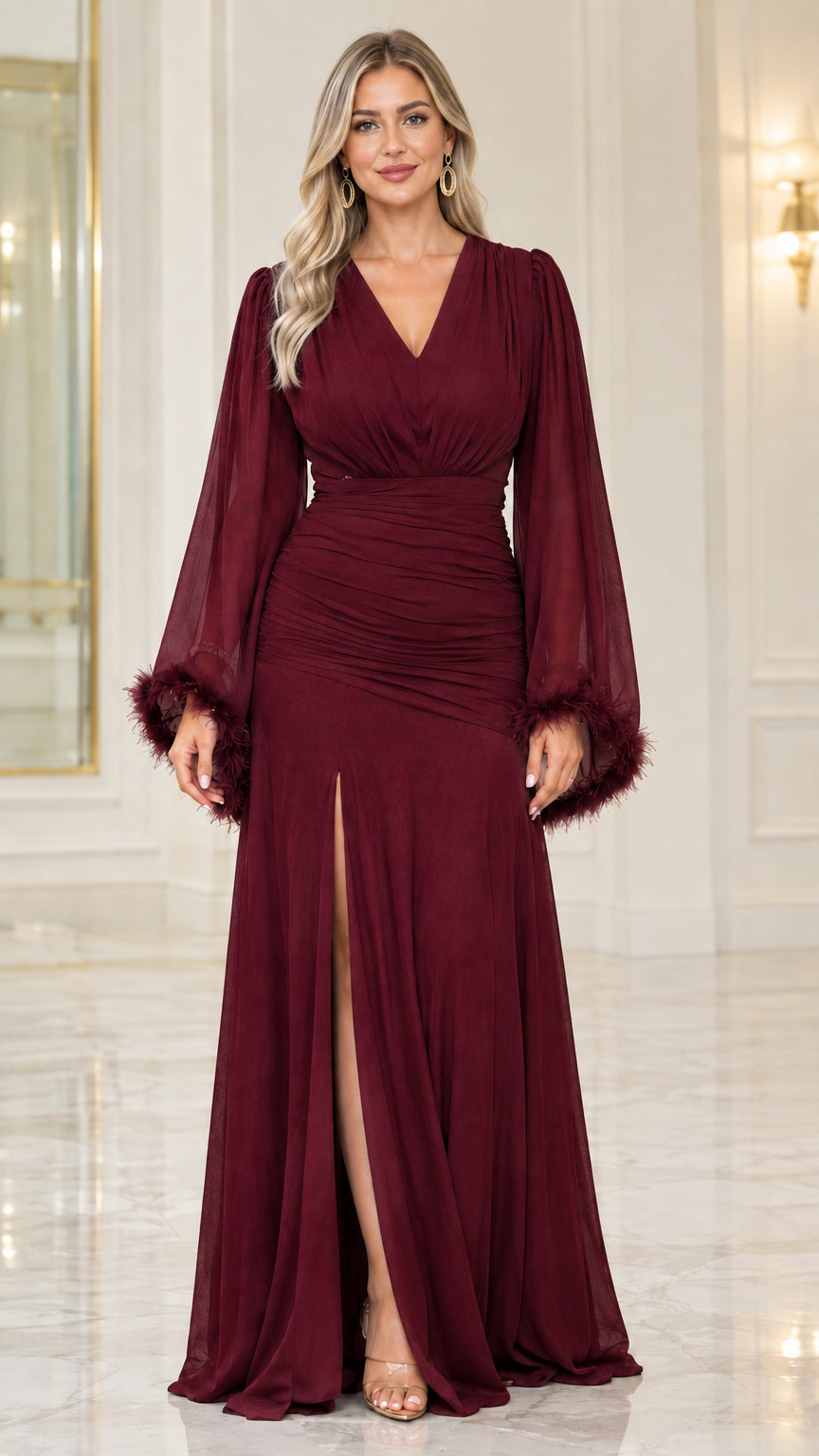 Front view of burgundy red ruched chiffon floor-length evening dress