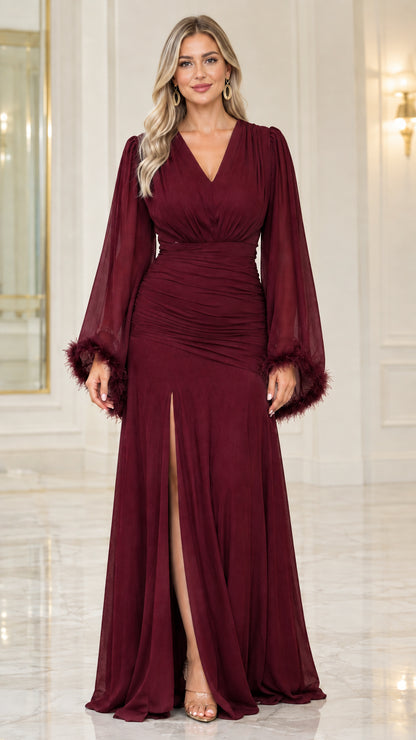 Front view of burgundy red ruched chiffon floor-length evening dress