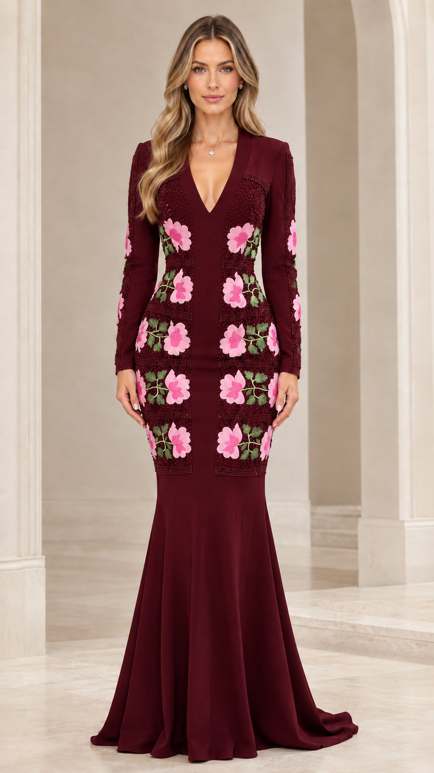 Front view of burgundy wine red long sleeve floral applique mermaid evening gown