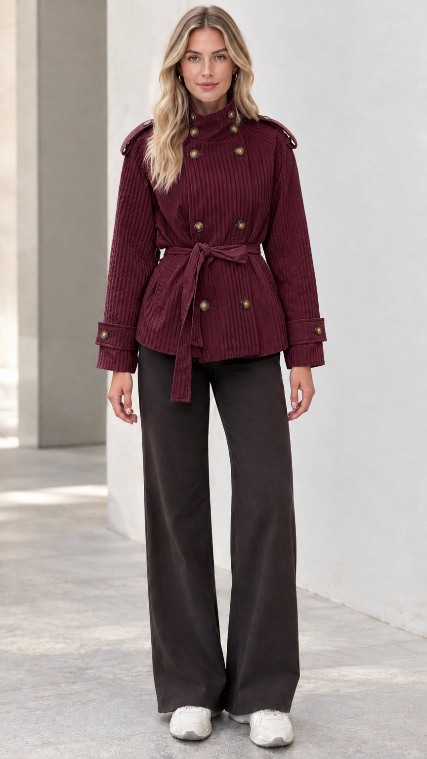 Full front view of model wearing burgundy double-breasted belted short trench jacket