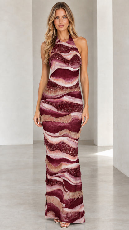 Front view of burgundy wine wave print beaded halter maxi dress