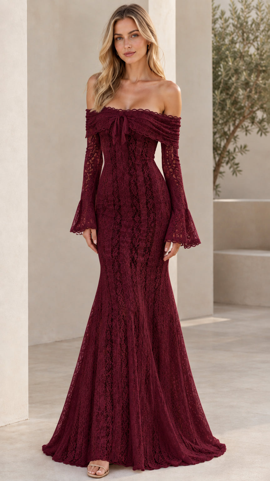 Burgundy wine red lace mermaid maxi dress with long bell sleeves