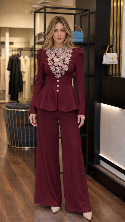 Burgundy wine red peplum pantsuit set with lace embellished neckline