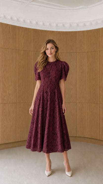 Full-length view of model wearing burgundy floral lace puff sleeve midi dress