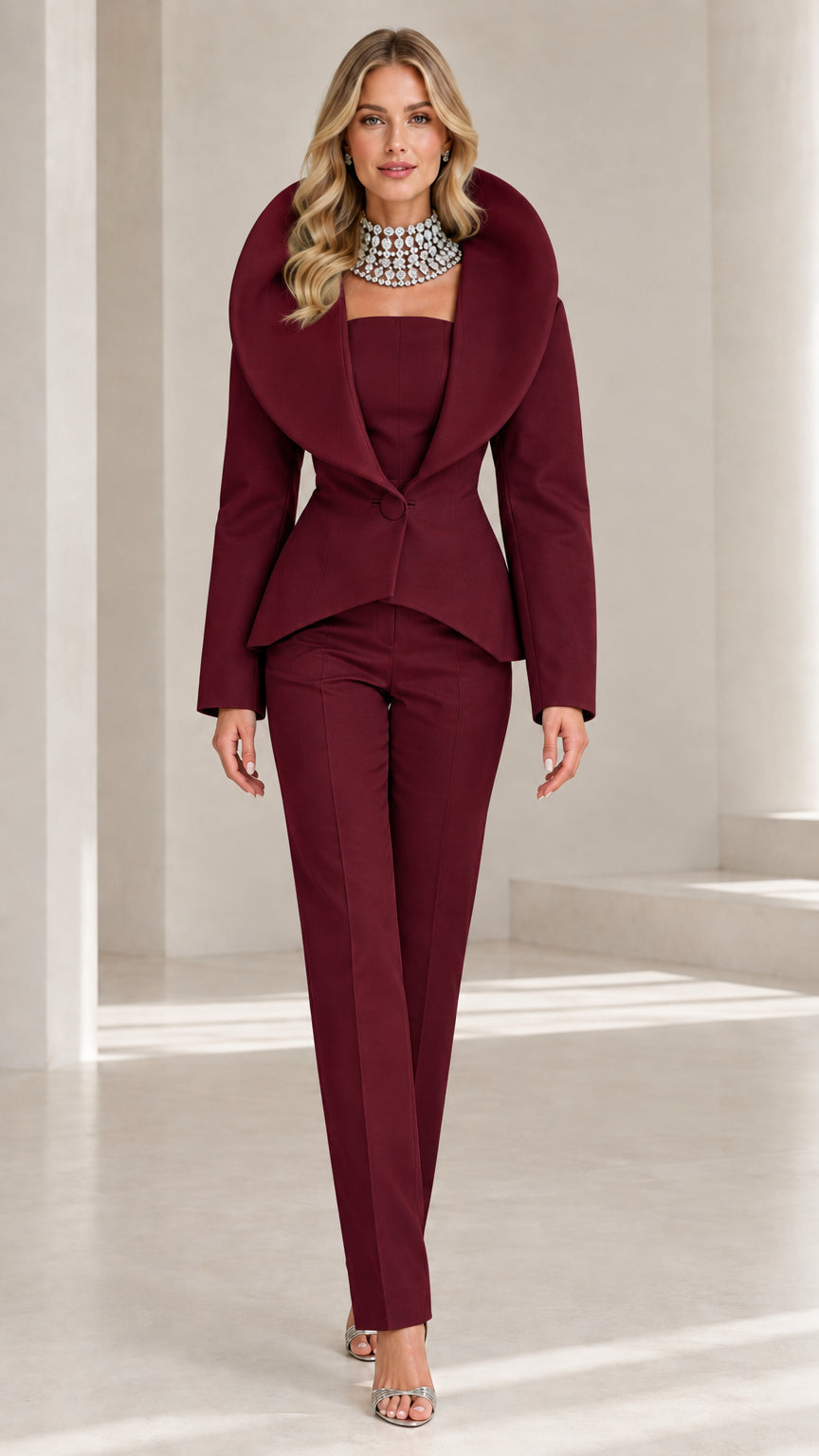 Front view of model wearing deep Burgundy sculpted collar formal pant suit