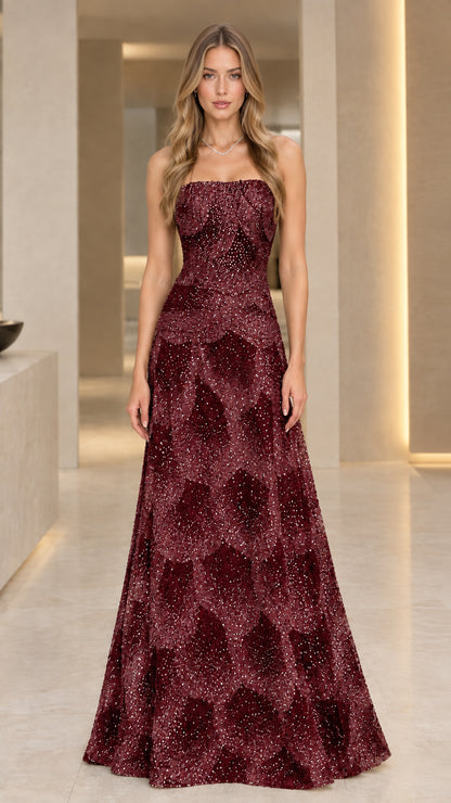 Burgundy wine strapless glitter scallop formal maxi gown