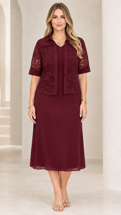 Burgundy wine red two-piece lace jacket midi dress