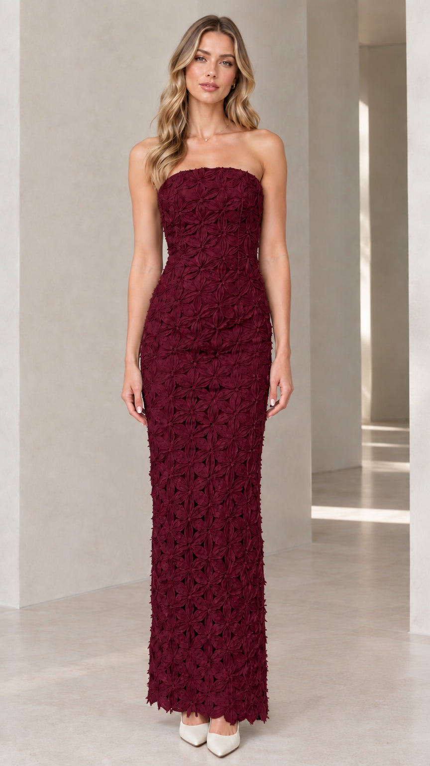 Full-length front view of burgundy strapless 3D floral column evening dress
