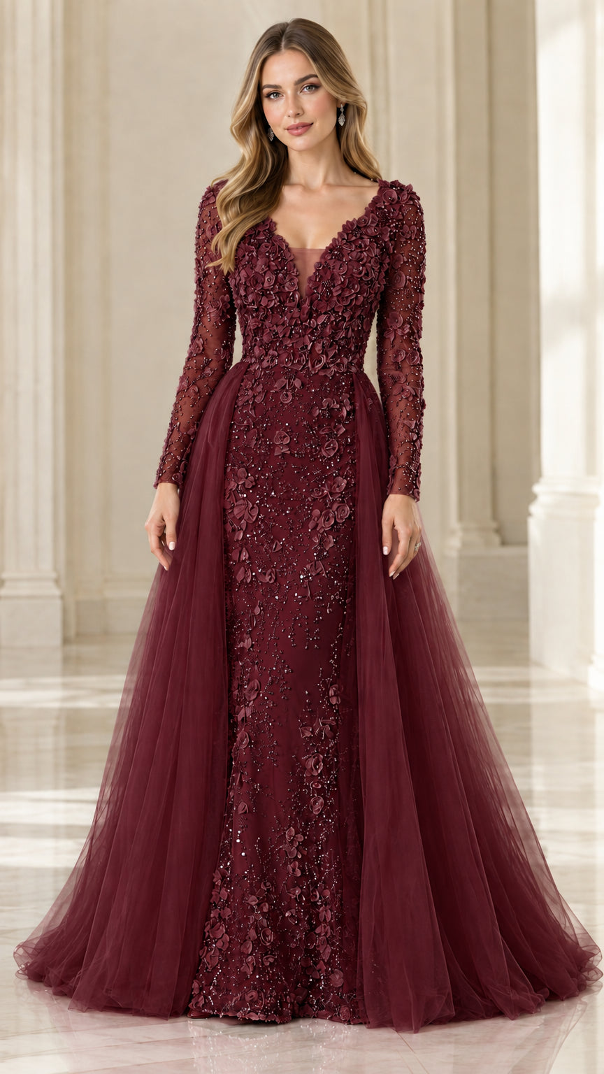 Burgundy wine long sleeve evening dress with 3D floral embroidery and tulle overskirt