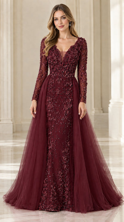 Burgundy wine long sleeve evening dress with 3D floral embroidery and tulle overskirt
