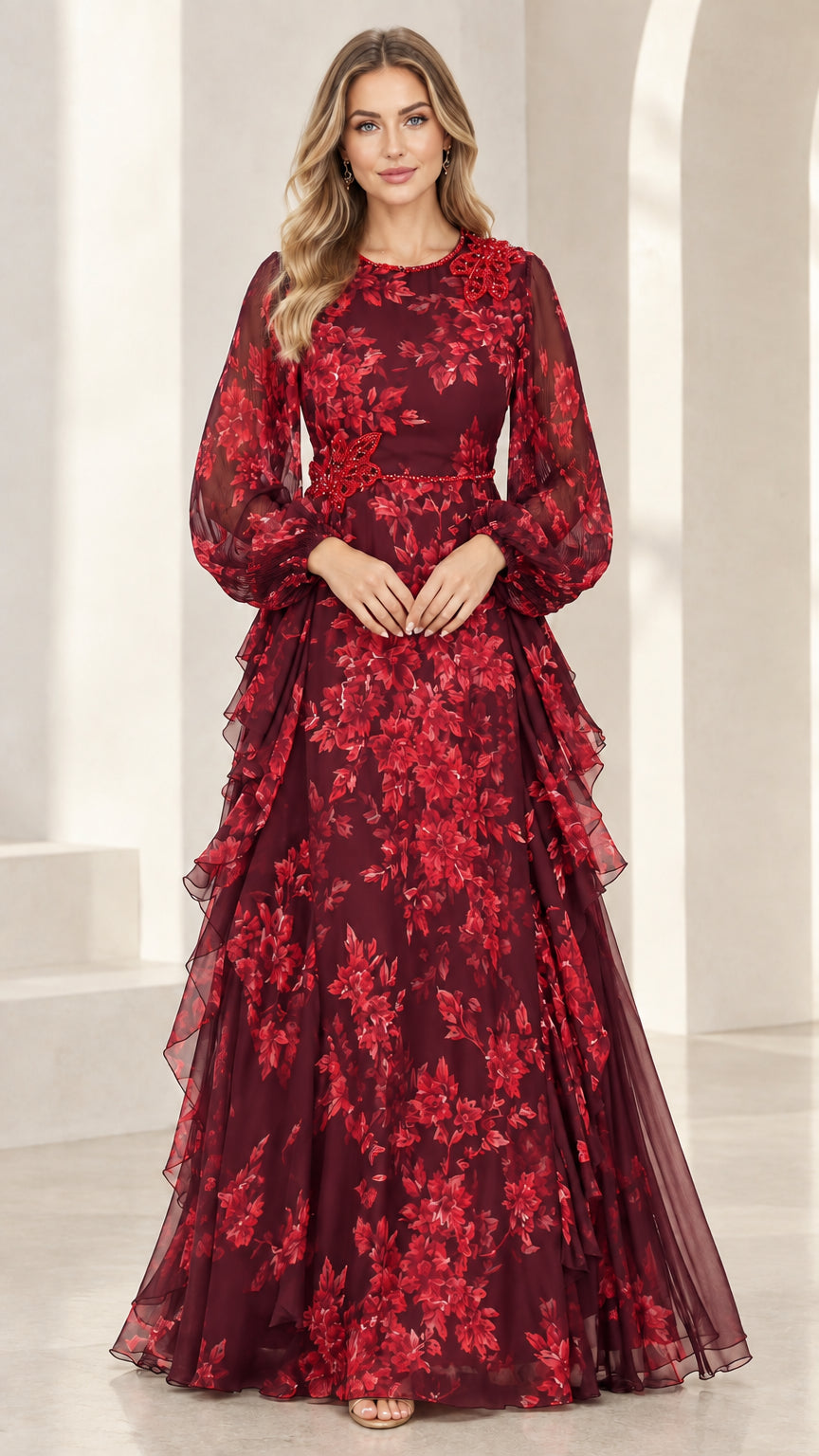 Burgundy wine red floral chiffon tiered formal maxi dress