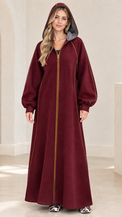 Women's hooded full-zip maxi robe coat in deep burgundy wine red