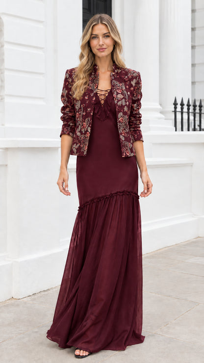 Front view of burgundy wine red floral jacquard jacket and maxi dress two-piece set