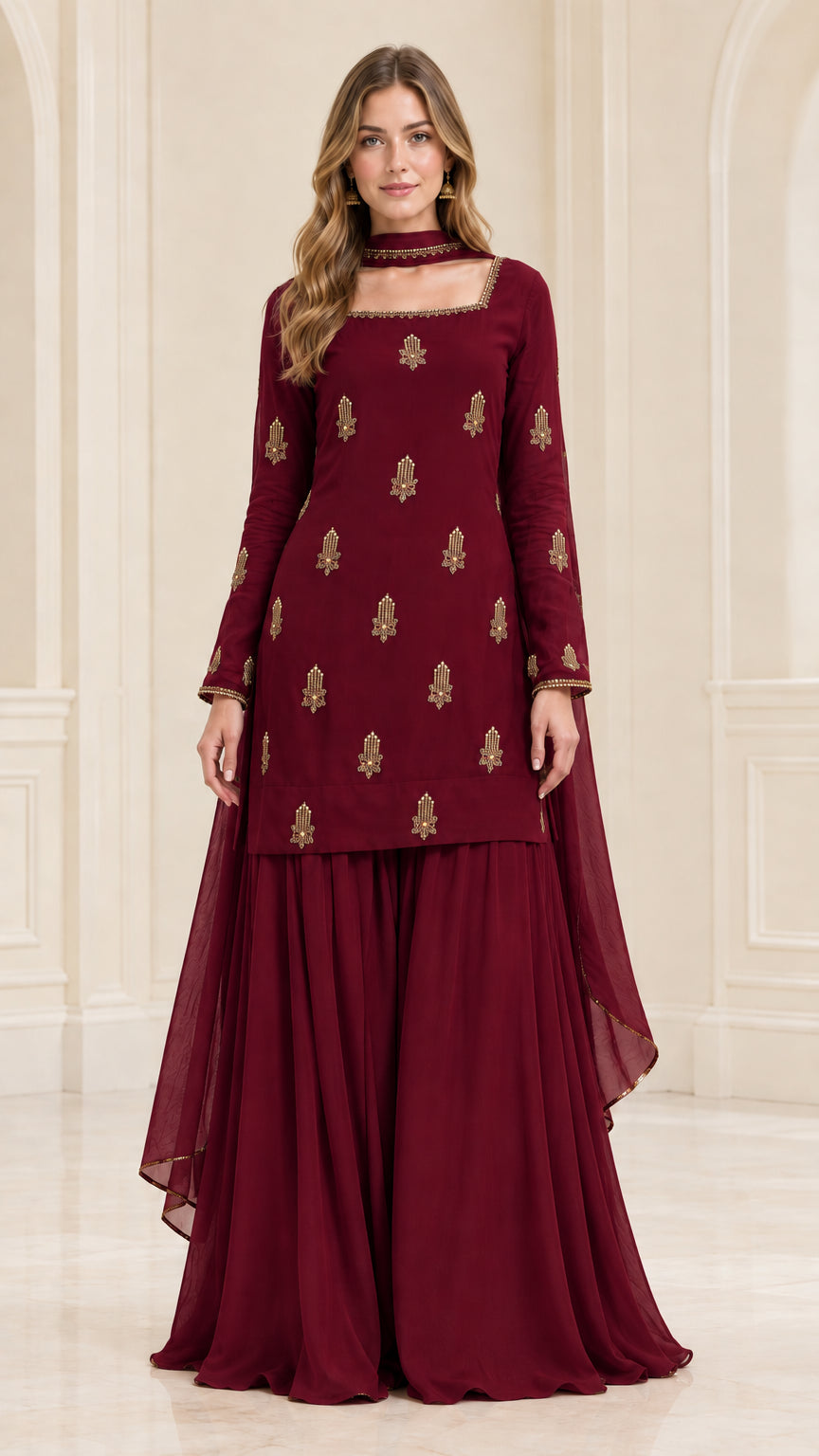Model wearing deep maroon red embroidered kurta sharara suit set