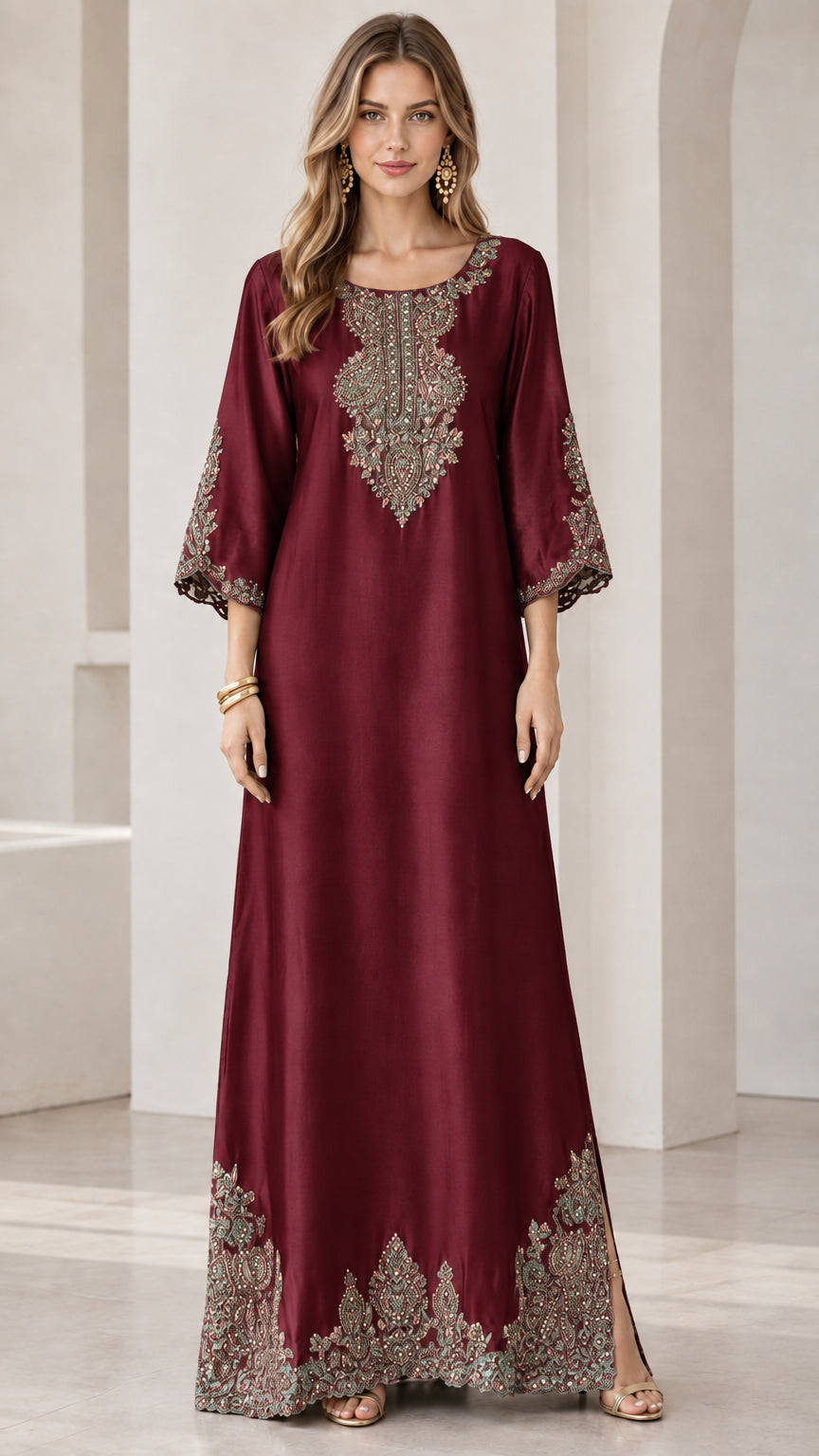 Burgundy wine red satin embroidered kaftan maxi dress on model
