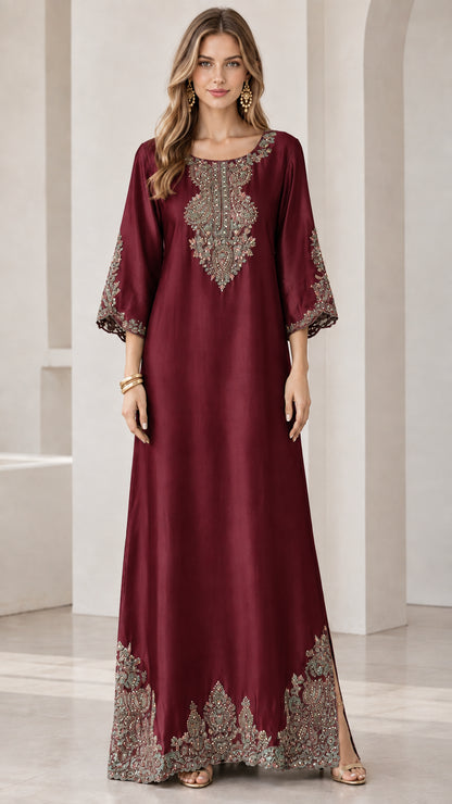 Burgundy wine red satin embroidered kaftan maxi dress on model