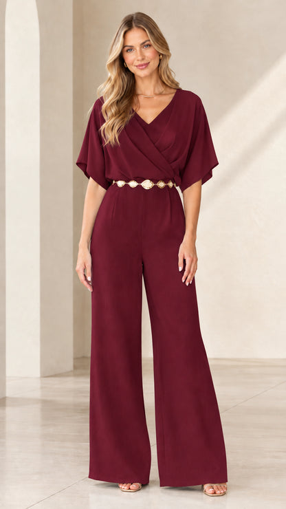 Burgundy wine red wide-leg jumpsuit with gold belt
