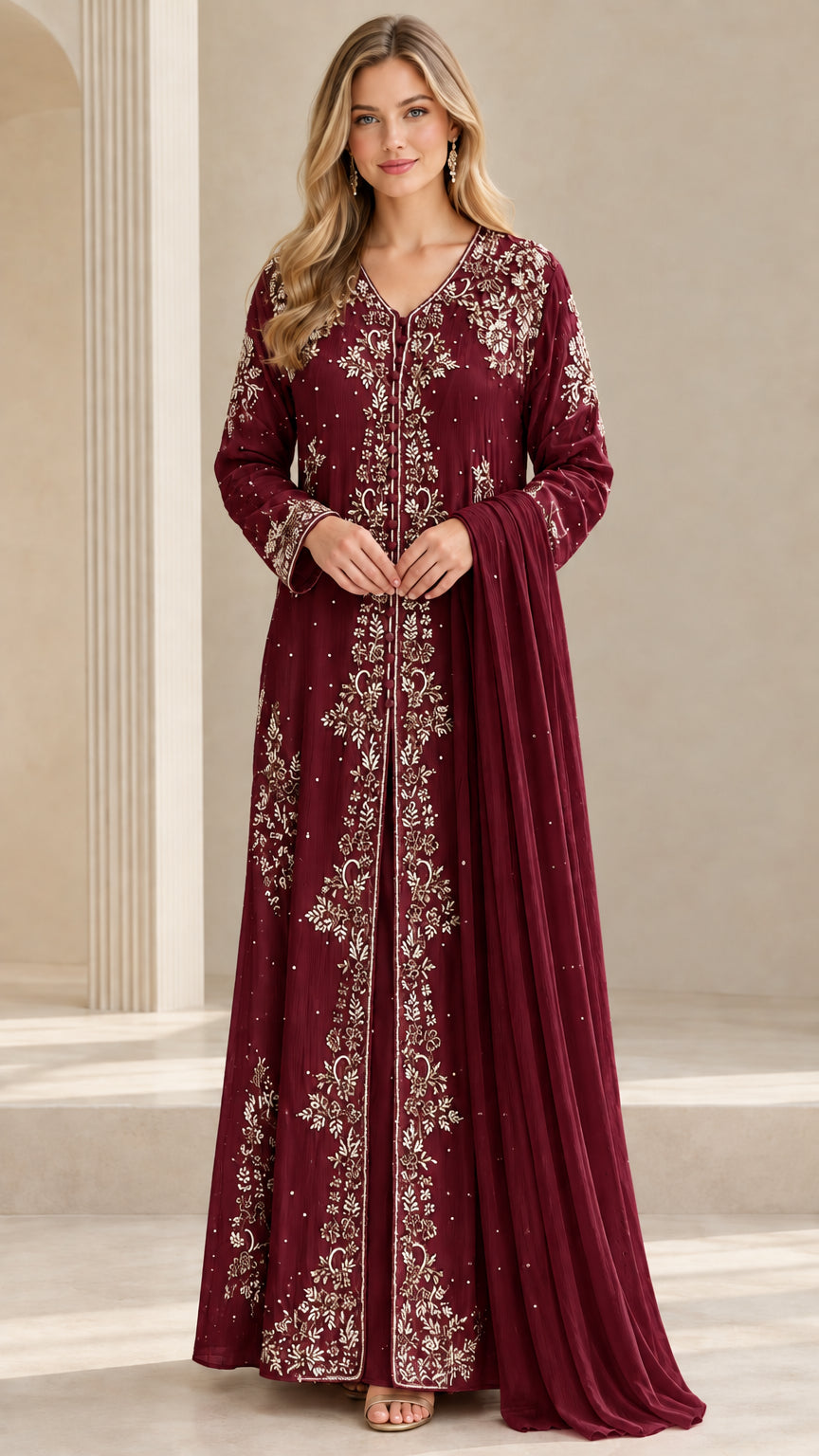 Full front view of burgundy wine embroidered maxi dress with matching scarf