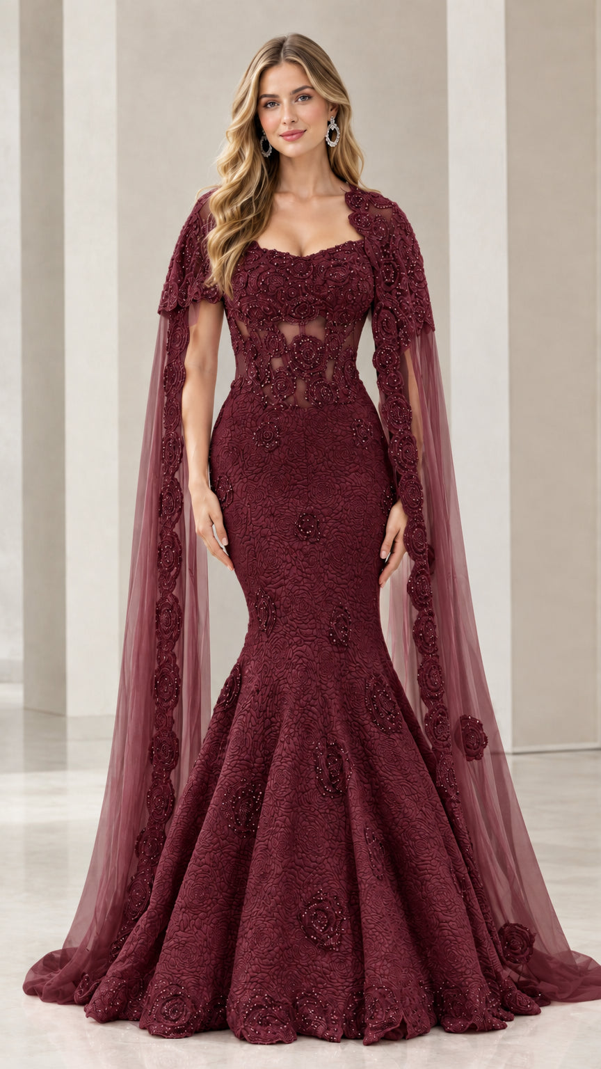 Burgundy red formal mermaid gown with illusion corset bodice and sheer cape