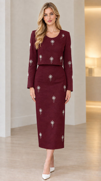 Front full view of burgundy wine red embellished two-piece formal midi dress set