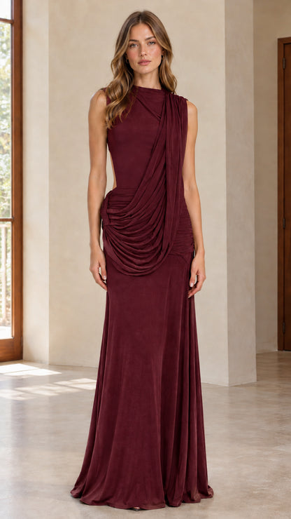 Burgundy wine red sleeveless asymmetrical draped open back maxi dress