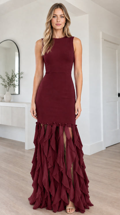 Full front view of burgundy wine red mermaid evening gown with cascading ruffles