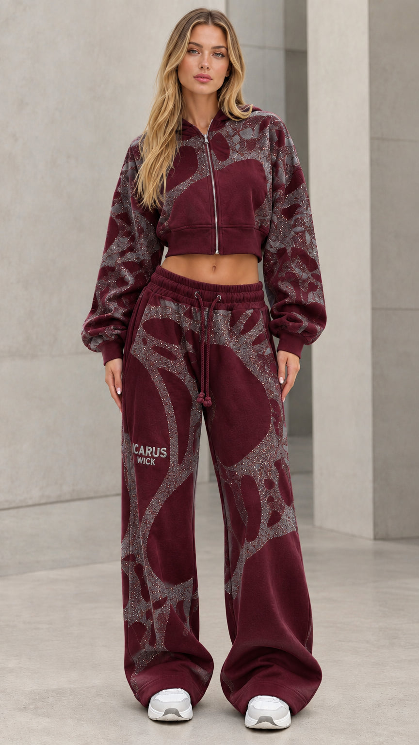 Model wearing burgundy cropped zip hoodie and wide-leg sweatpants set with silver glitter swirls
