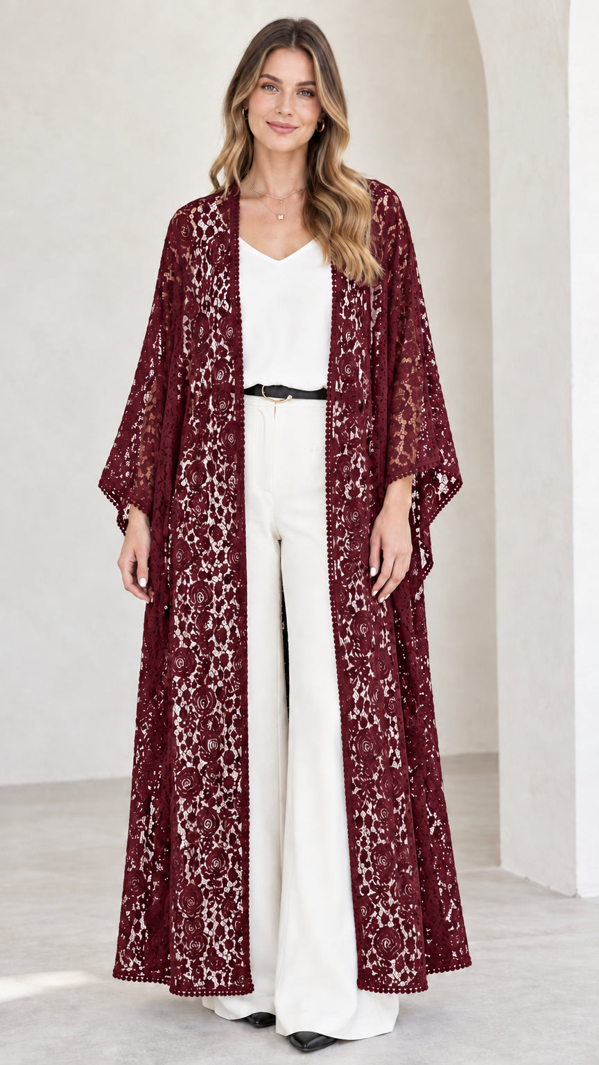 Model wearing rich burgundy wine floral lace maxi open-front duster