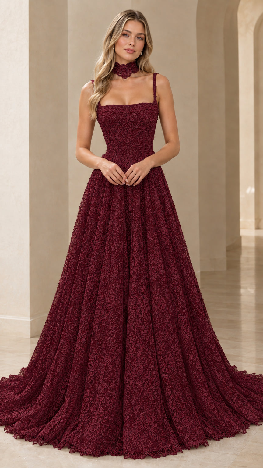 Front view of burgundy wine lace formal gown with matching choker