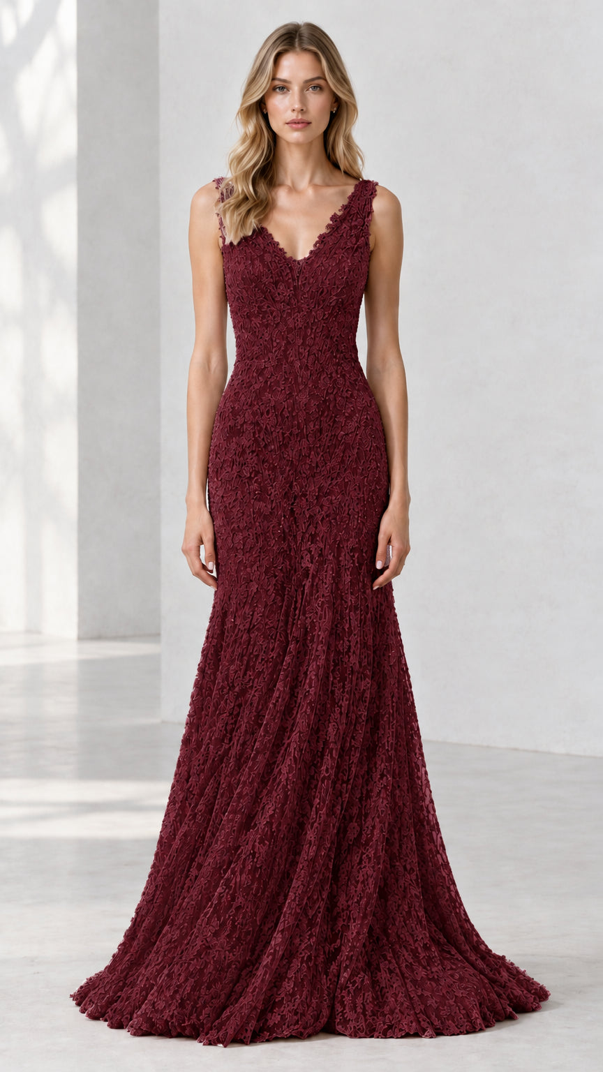 Full-length front view of burgundy wine textured lace mermaid gown