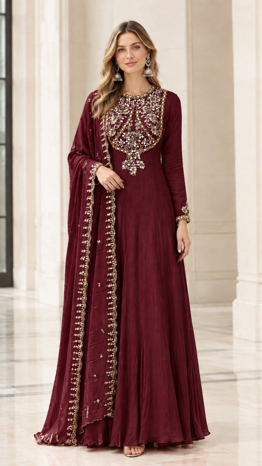 Burgundy wine embroidered long sleeve evening Anarkali gown