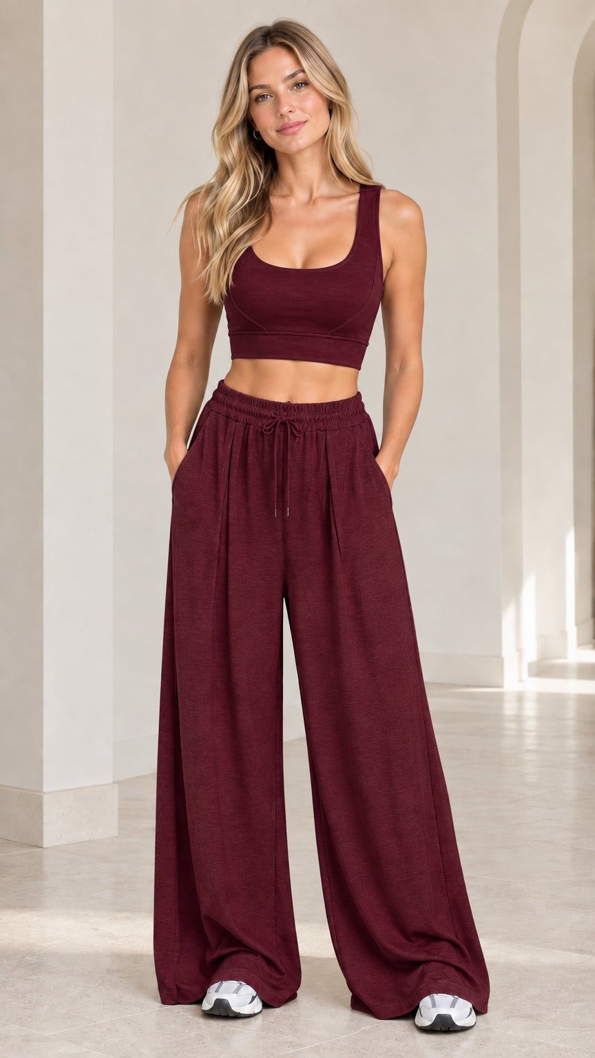 Front view of woman wearing Burgundy 2-piece crop tank and wide-leg lounge set