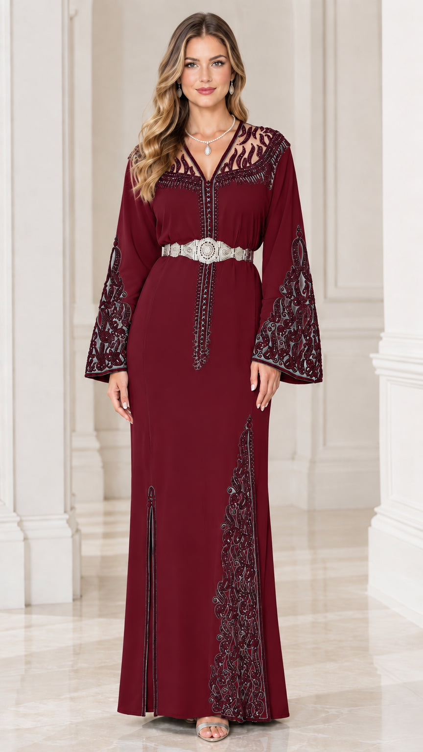 Burgundy embroidered caftan evening dress with waist belt and wide sleeves