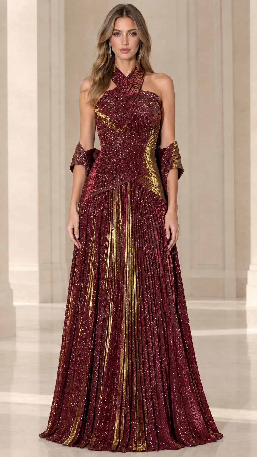 Burgundy metallic pleated cross halter evening gown with matching shawl
