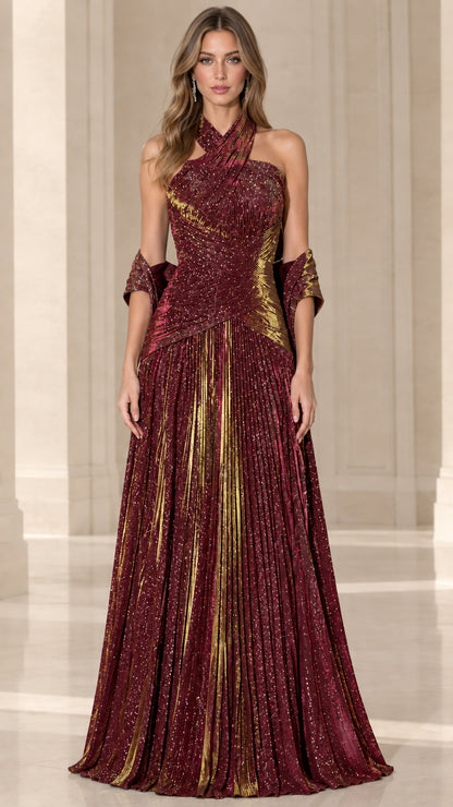 Burgundy metallic pleated cross halter evening gown with matching shawl