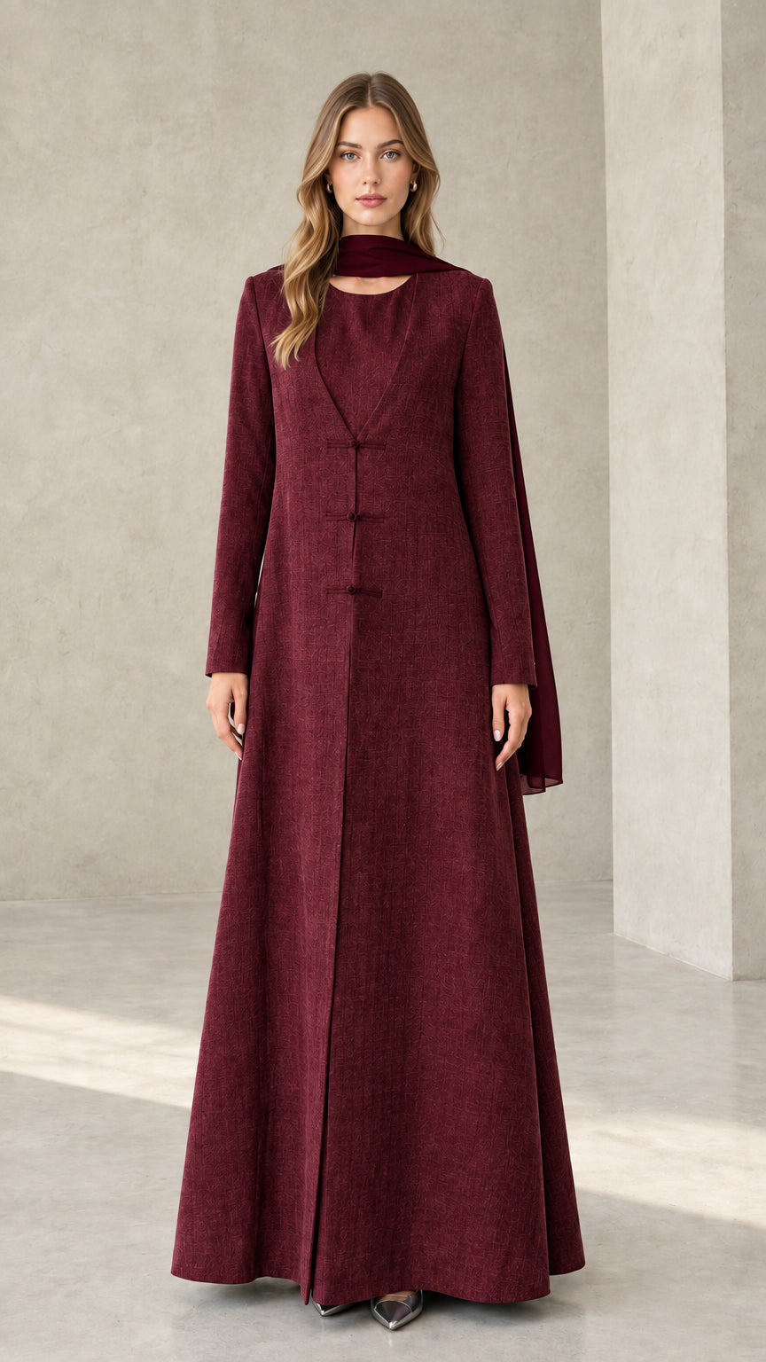 Burgundy wine red textured long sleeve maxi dress with matching scarf