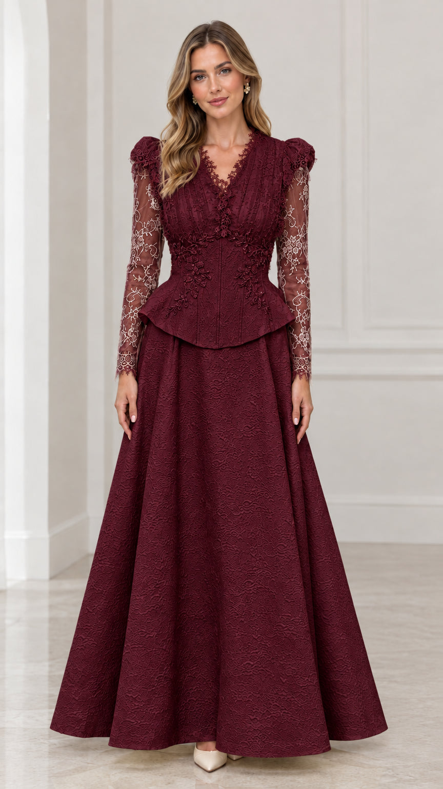 Front view of burgundy wine long sleeve lace peplum formal gown