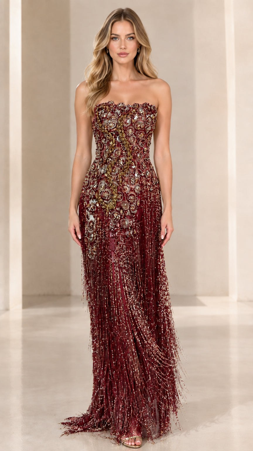 Full-length front view of strapless burgundy wine red beaded fringe maxi dress