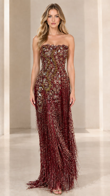Full-length front view of strapless burgundy wine red beaded fringe maxi dress