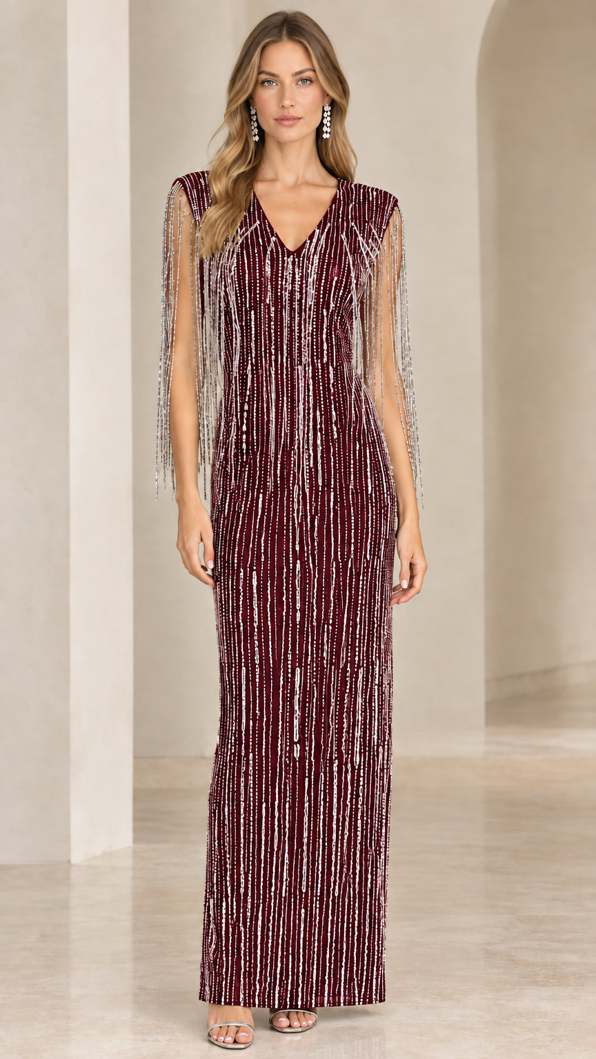 Front view of burgundy wine sequin maxi dress with shoulder fringe