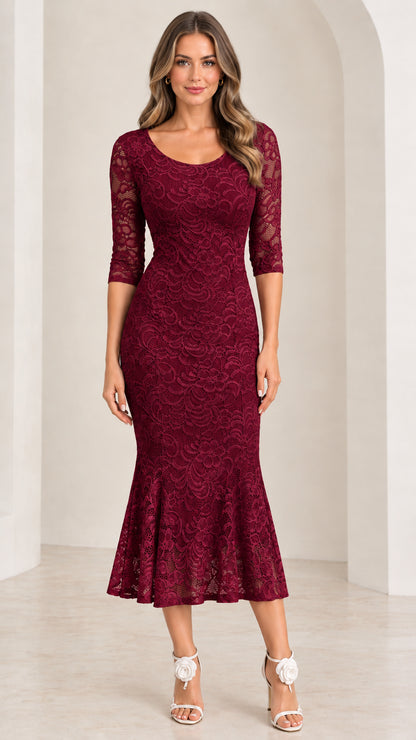 Burgundy wine floral lace 3/4 sleeve mermaid midi dress