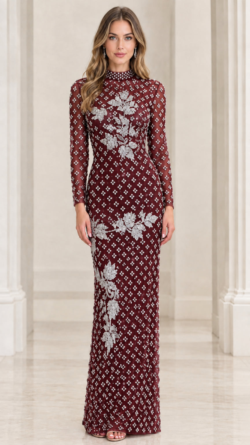 Front view of burgundy wine beaded long sleeve evening gown with floral embroidery
