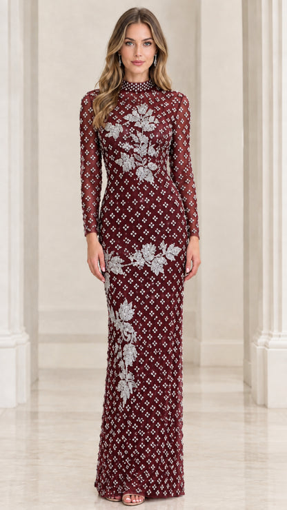 Front view of burgundy wine beaded long sleeve evening gown with floral embroidery