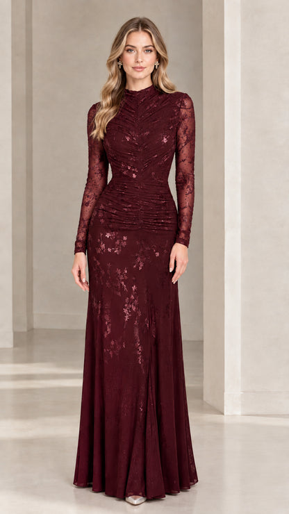 Front full view of burgundy long sleeve mock neck lace maxi gown