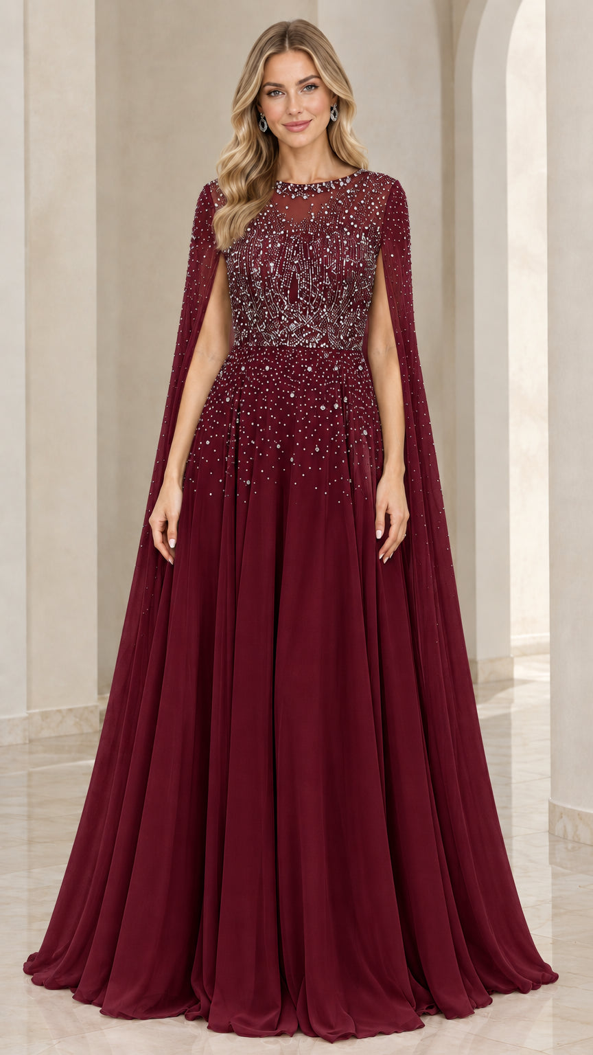 Full front view of Burgundy wine red embellished cape evening gown