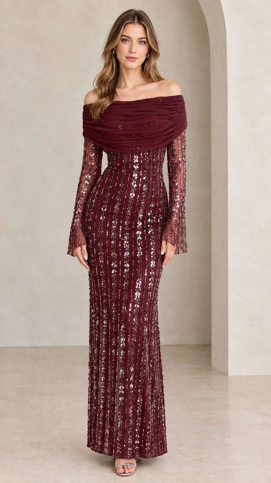Front view of model wearing Burgundy wine off-the-shoulder sequin evening gown