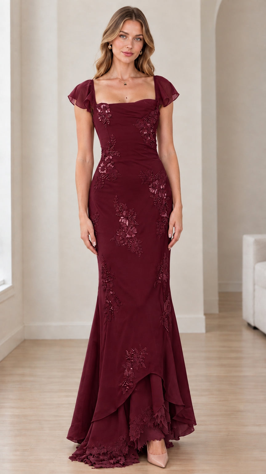 Front view of burgundy wine beaded mermaid formal evening dress