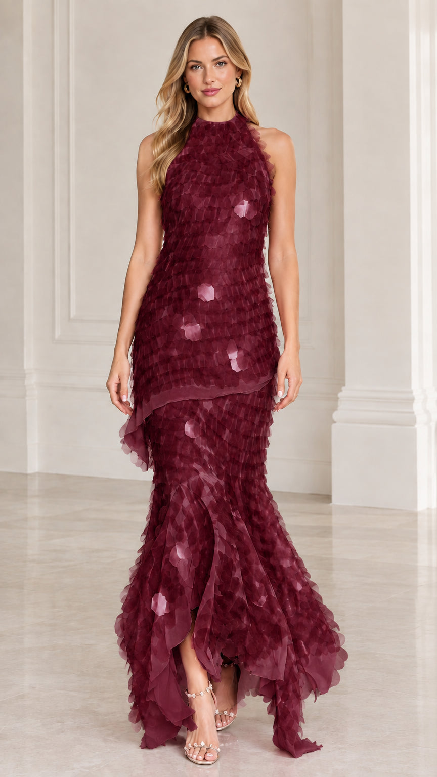 Model wearing burgundy halter neck textured petal mermaid gown