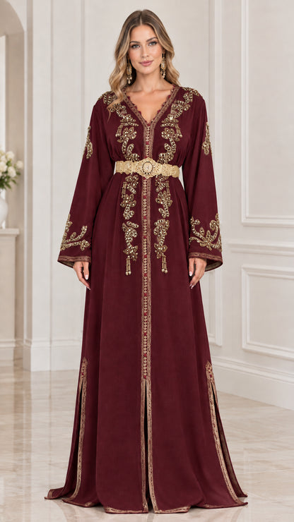 Front view of model wearing Burgundy wine embroidered formal kaftan maxi gown