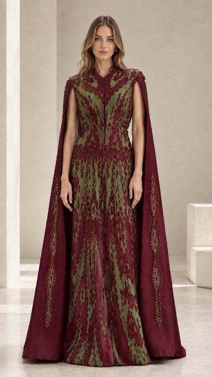 Burgundy wine red pleated cape evening gown